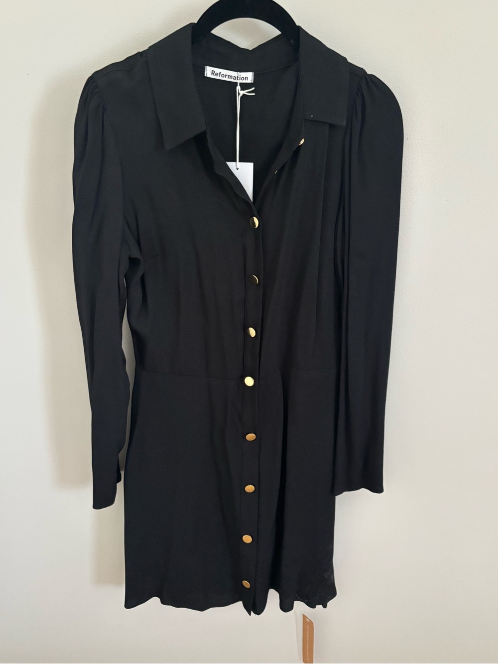 NWT Reformation Hugh Black Long-Sleeve Button-Front Dress